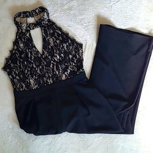 Francescas Black Lace Halter Jumpsuit Wide Leg Formal Chic Size M Y2K Cocktail